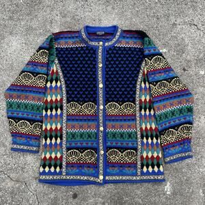 VRIKKE Nowegian Wool Sweater Cardigan Irene Zahl Multicolor METALLIC Gold Large